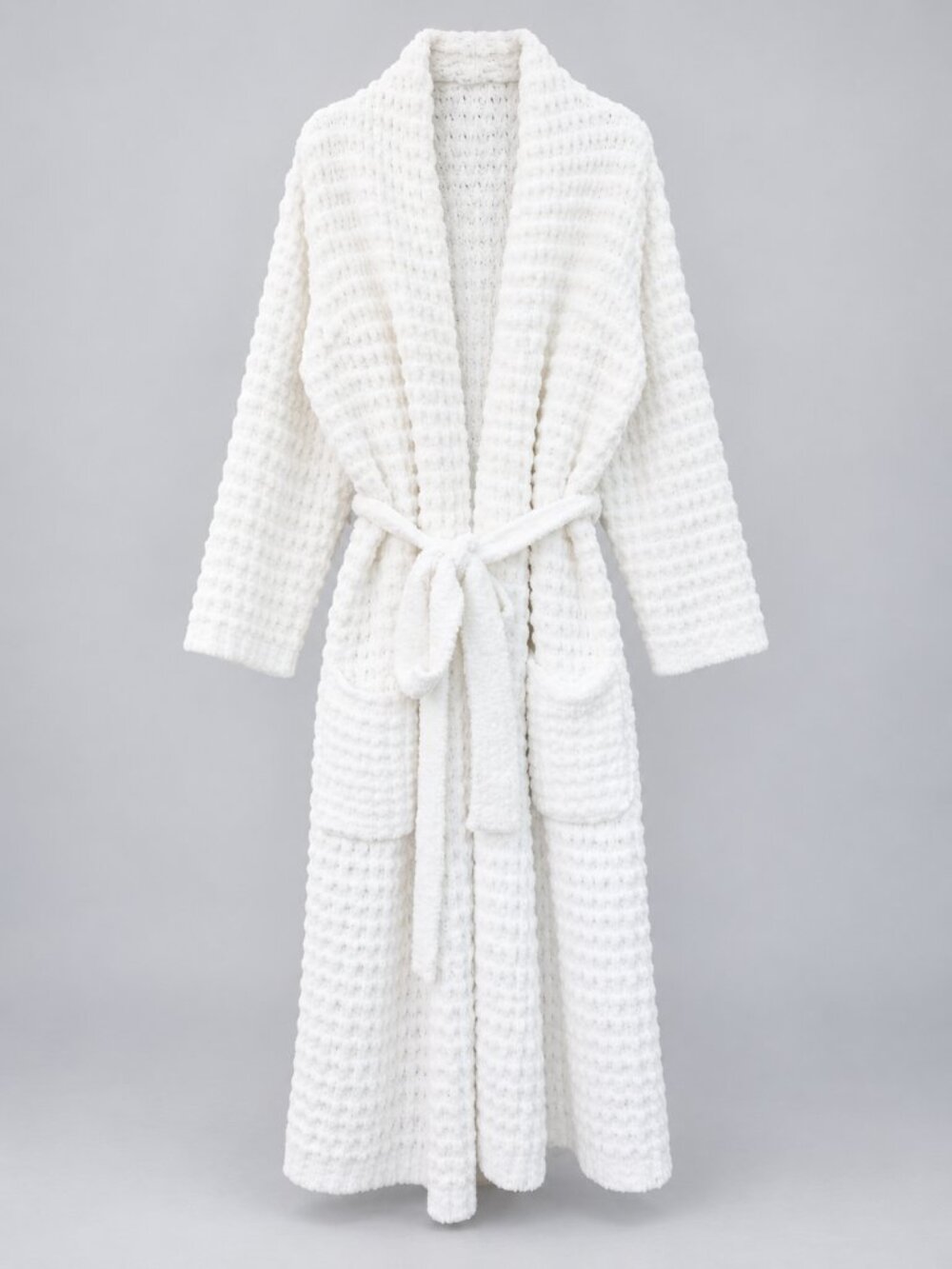 Pottery Barn White Plush Waffle Knit Long Spa Bath Robe Belted One Size
